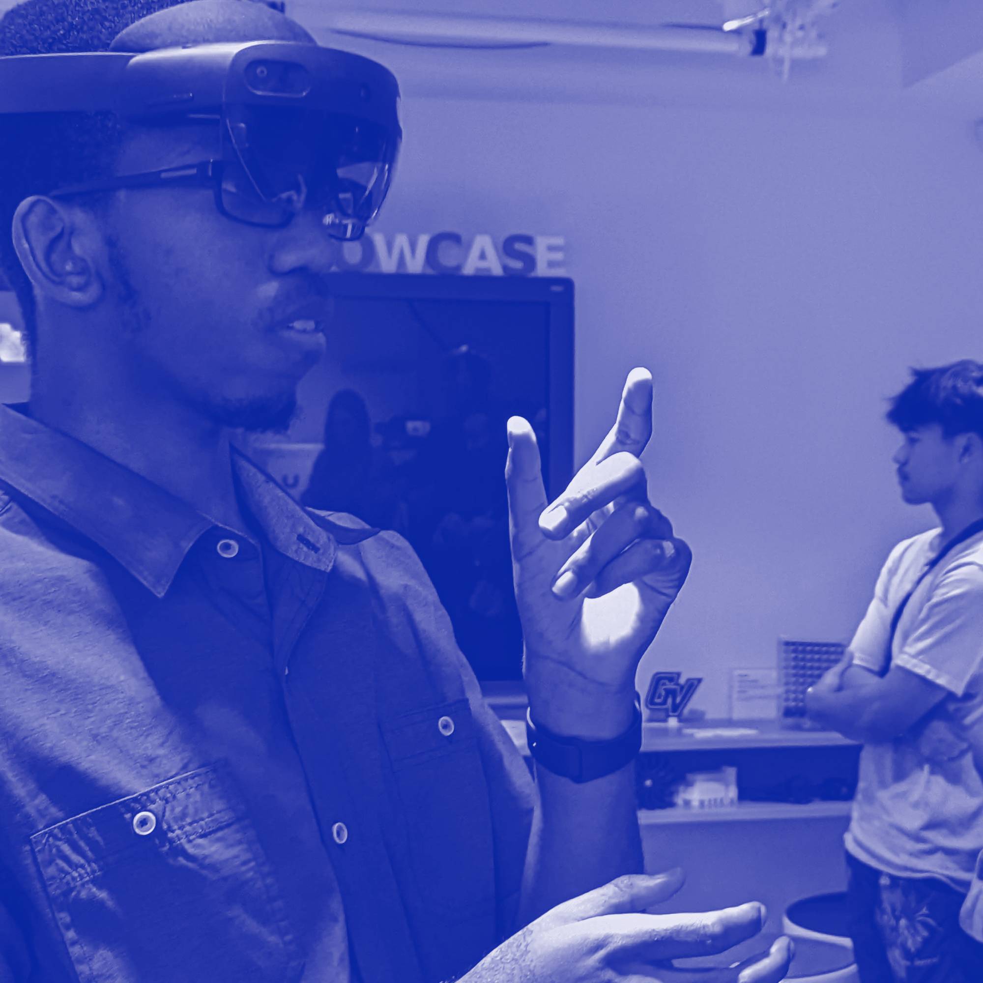 A student with a microsoft hololens on